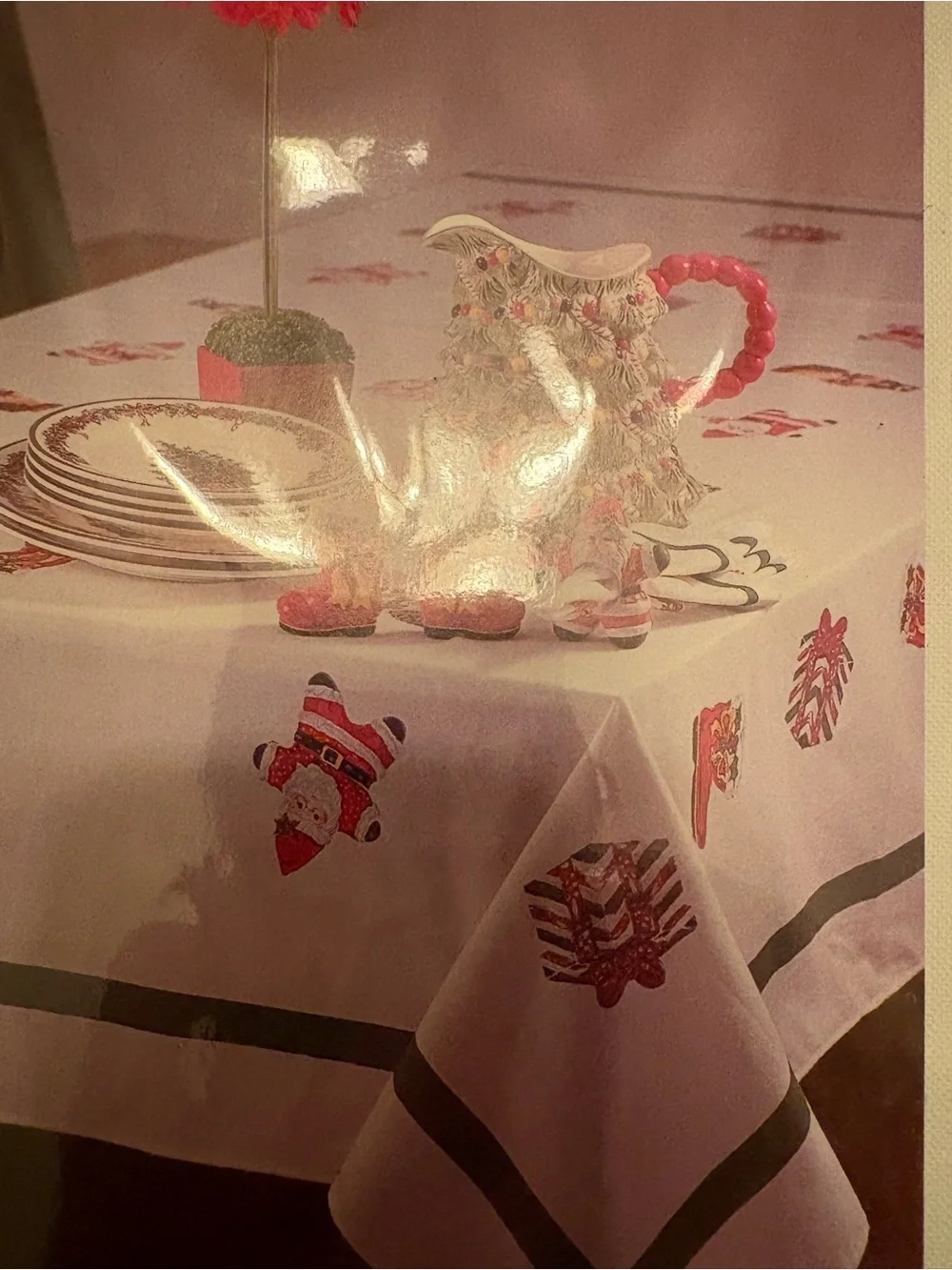 Christopher Radko White Tablecloth with Cheerful Red Santa